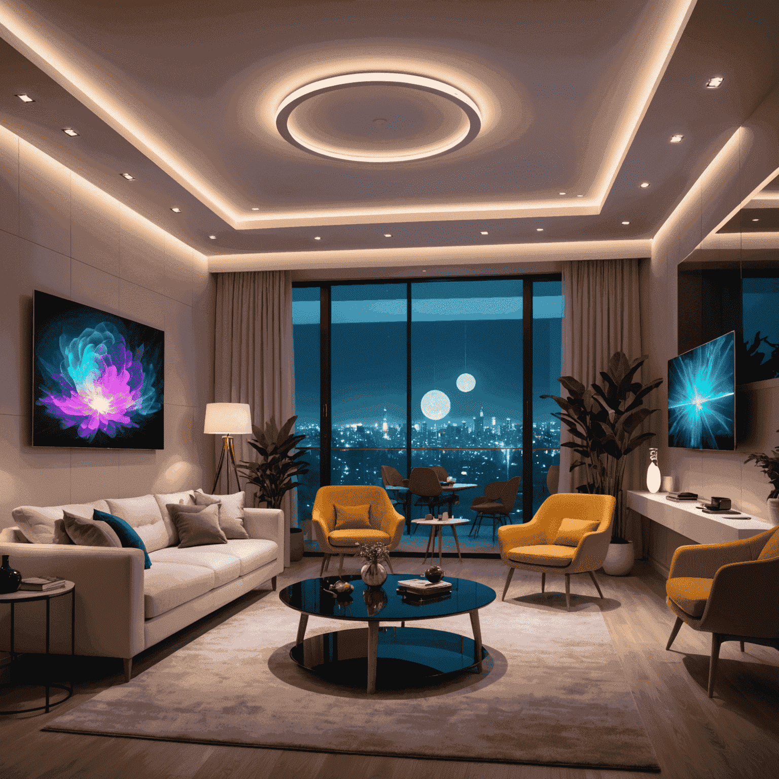 A futuristic living room with various smart lights changing colors and intensity, showcasing different ambiance settings
