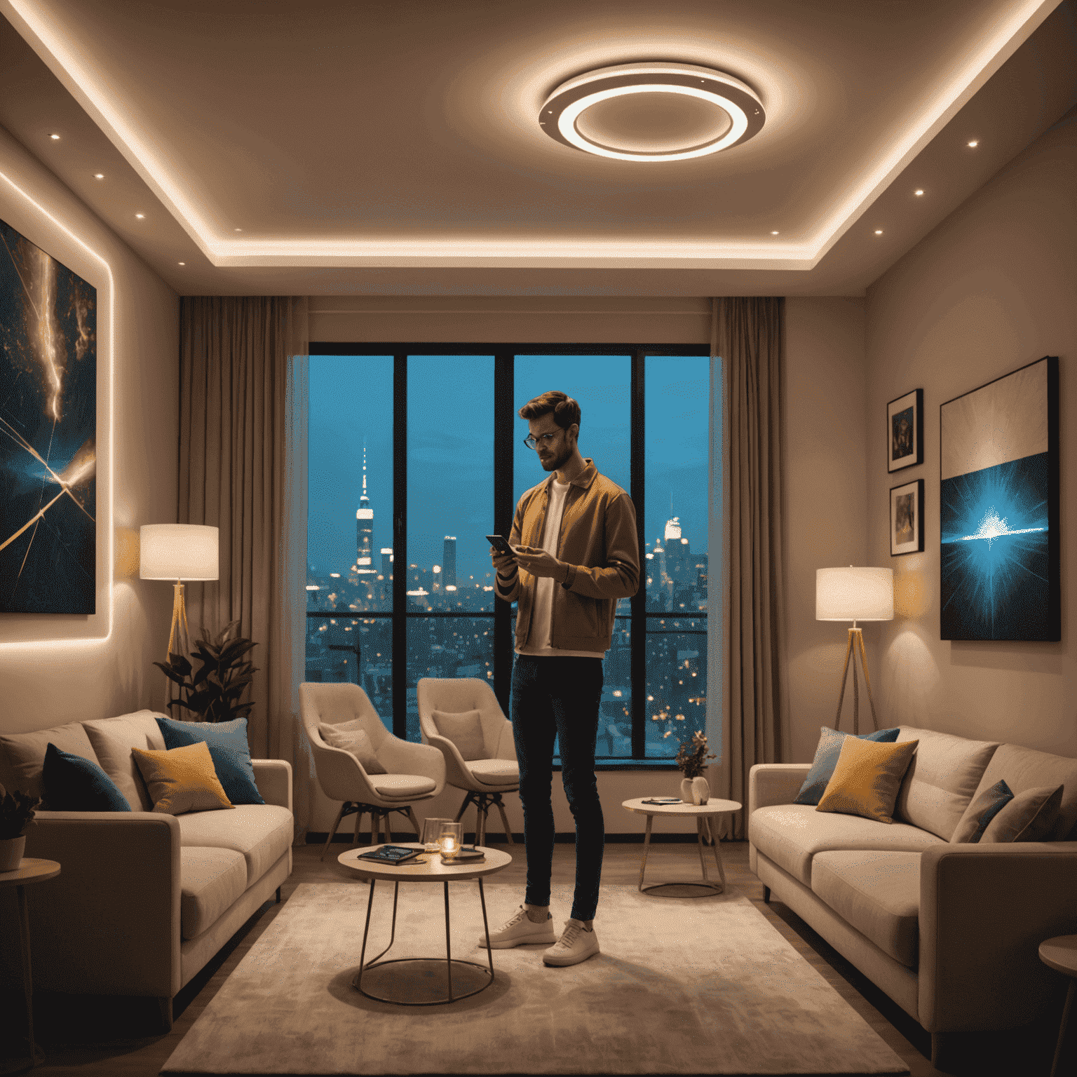 A futuristic living room with various smart lights, including ceiling lights, wall sconces, and table lamps, all emitting a soft, adjustable glow. The room shows a person using a smartphone to control the lighting.