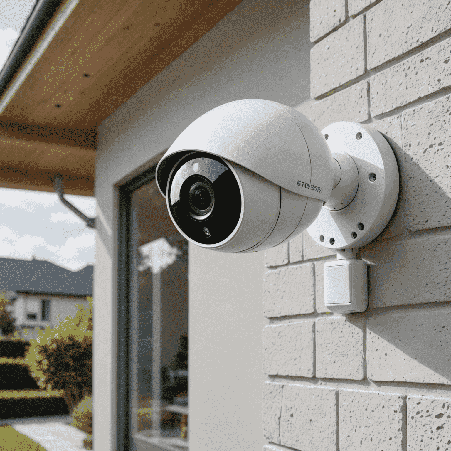 High-resolution smart security camera with night vision capabilities, mounted on the exterior of a modern smart home. The camera is sleek and discreet, blending with the home's architecture.
