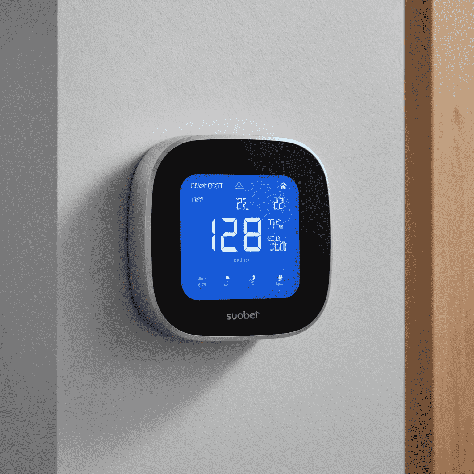 A sleek, modern smart thermostat with a glowing blue display showing temperature and humidity levels. The thermostat is mounted on a wall in a minimalist living room with smart home integration visible.