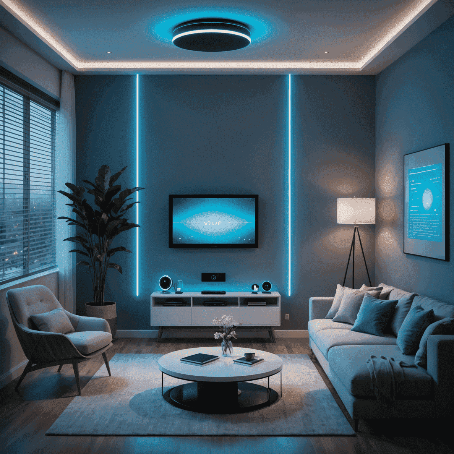 A futuristic living room with a central voice-activated assistant device. The room features smart lighting, automated blinds, and various IoT devices, all controlled by voice commands. The assistant device emits a soft blue glow, indicating it's actively listening and responding to user requests.