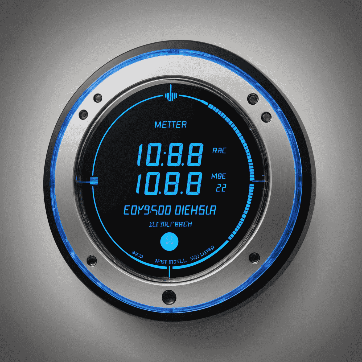 A sleek, modern smart energy meter with a digital display showing real-time energy consumption data. The meter has a futuristic design with glowing blue LED indicators.