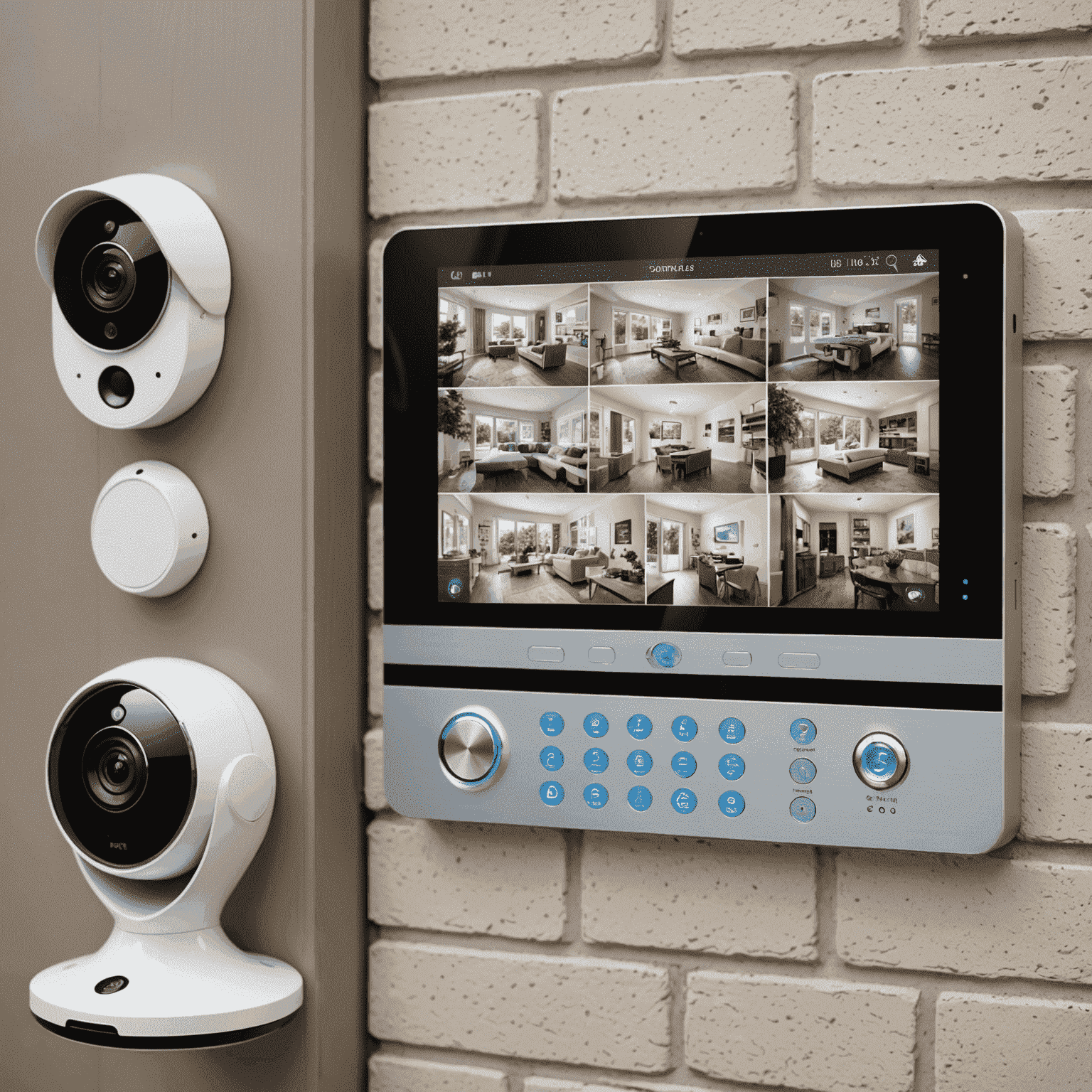 A modern home security system with smart cameras, doorbell camera, and a central control panel displaying various security features