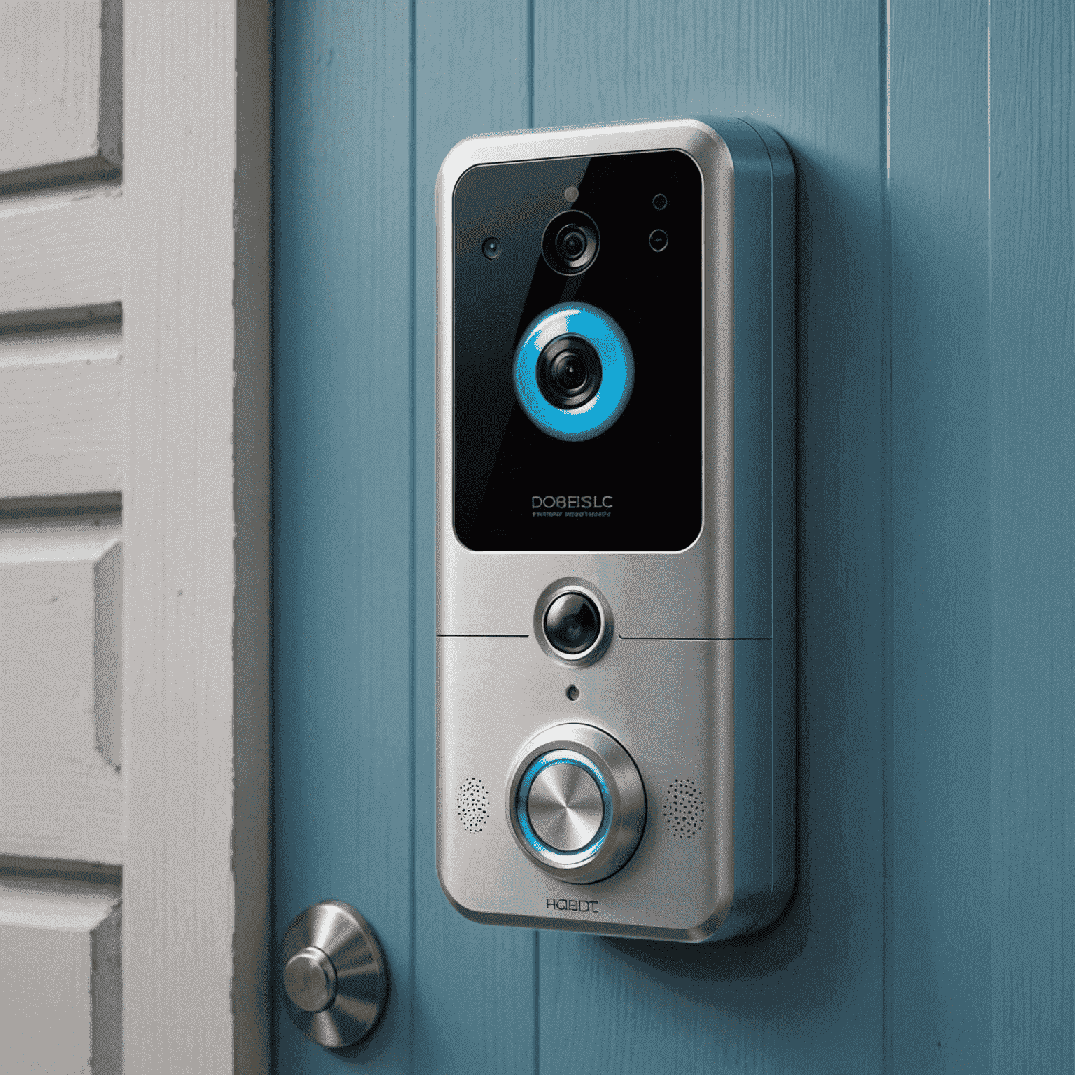 Futuristic doorbell camera with a touchscreen display, showing a live feed of a person at the door. The doorbell is emitting a soft blue glow, indicating its smart capabilities and integration with the home's automation system.