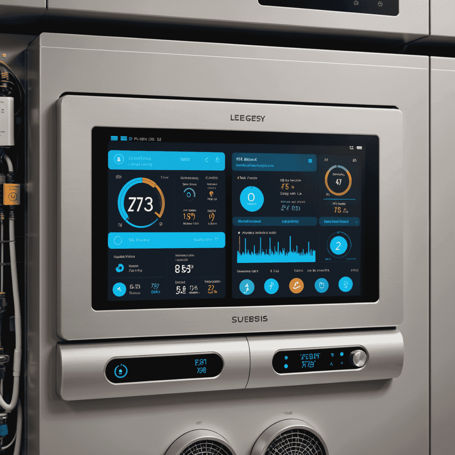 A futuristic HVAC control panel with a touchscreen interface showing multiple zone controls, energy efficiency graphs, and air quality metrics. The panel is mounted in a high-tech utility room with visible smart home integration hubs.
