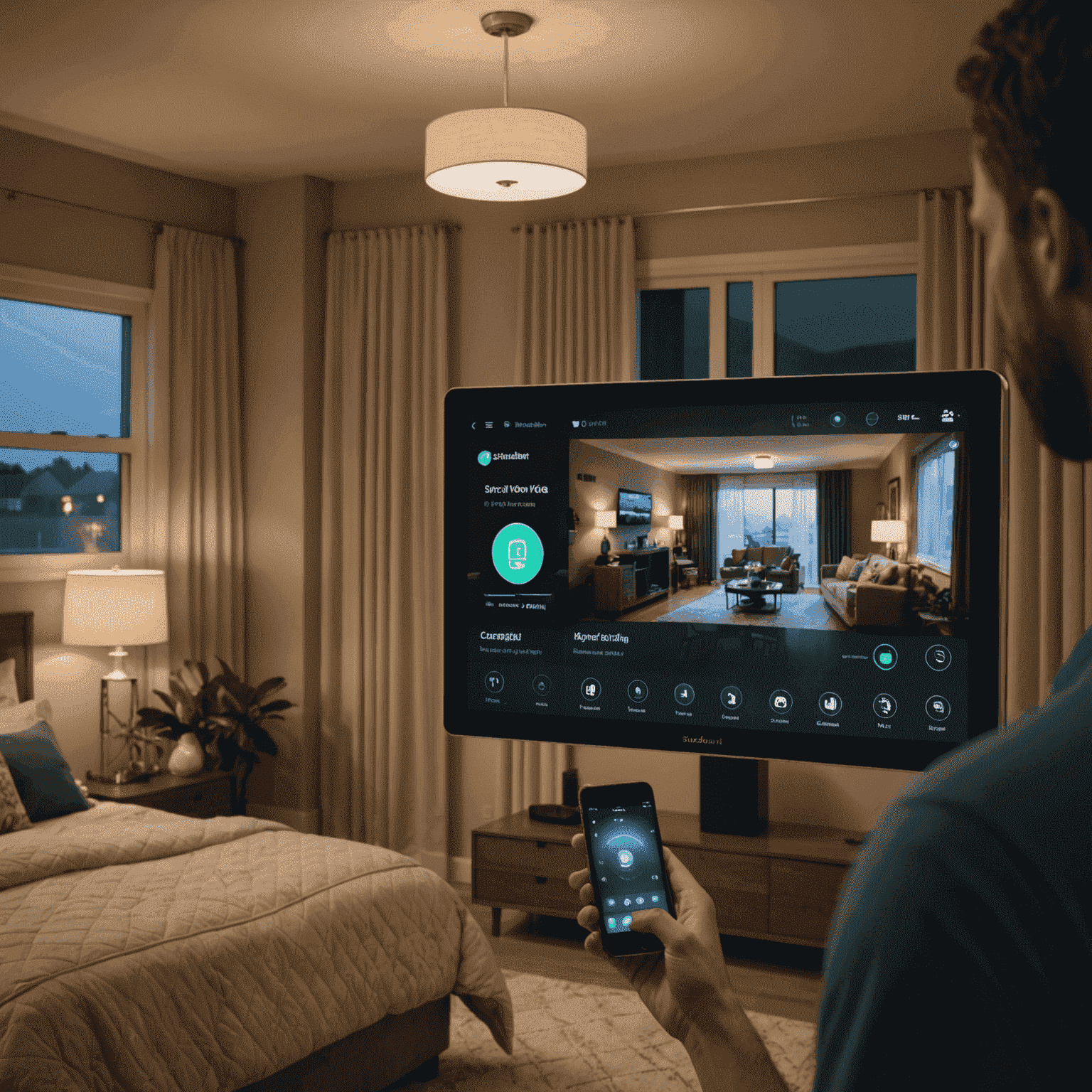 A split-screen image showing a person using voice commands to control various aspects of their smart home. On one side, the lights dim and curtains close as they prepare for a movie night. On the other side, the assistant is shown managing the home's security system and adjusting the thermostat based on voice input.