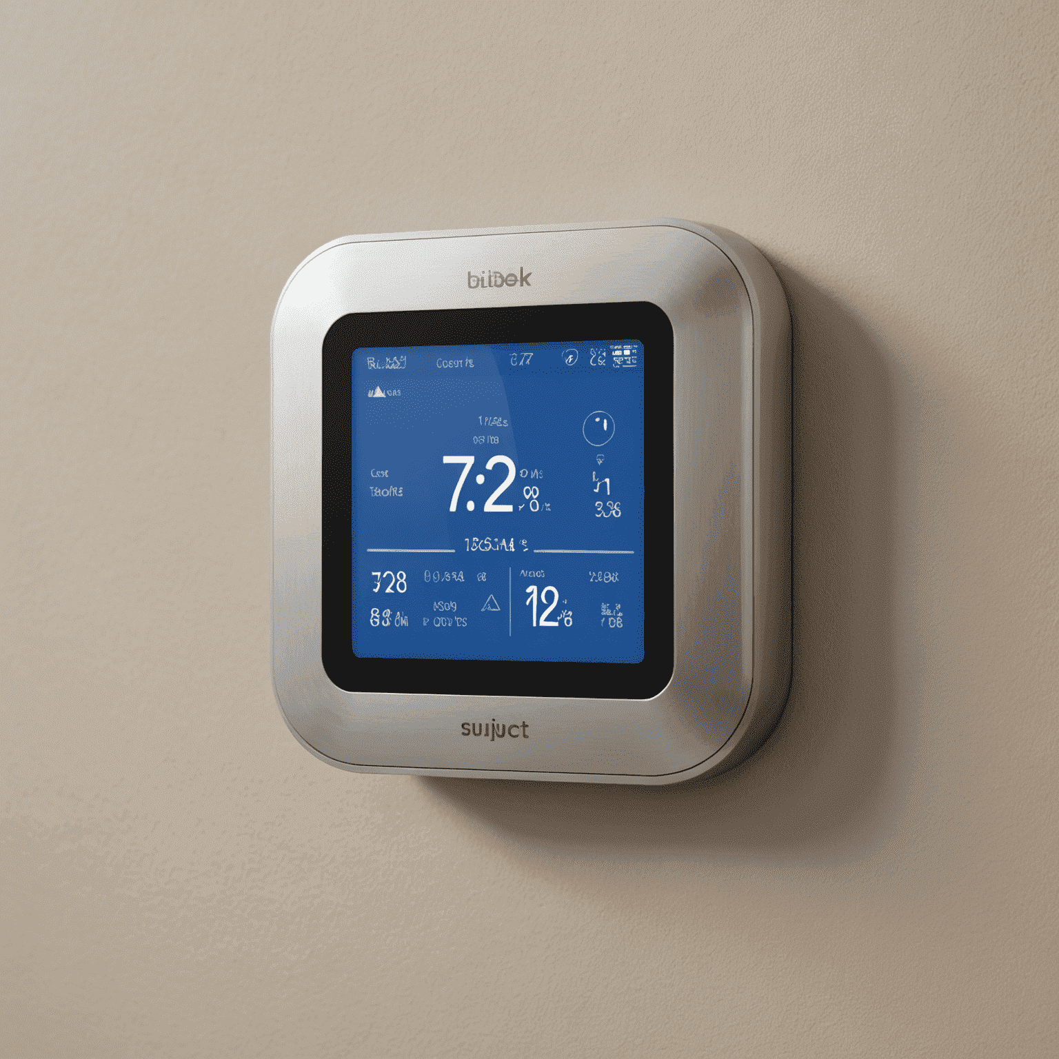 A sleek smart thermostat on a wall, showing temperature controls and energy usage statistics