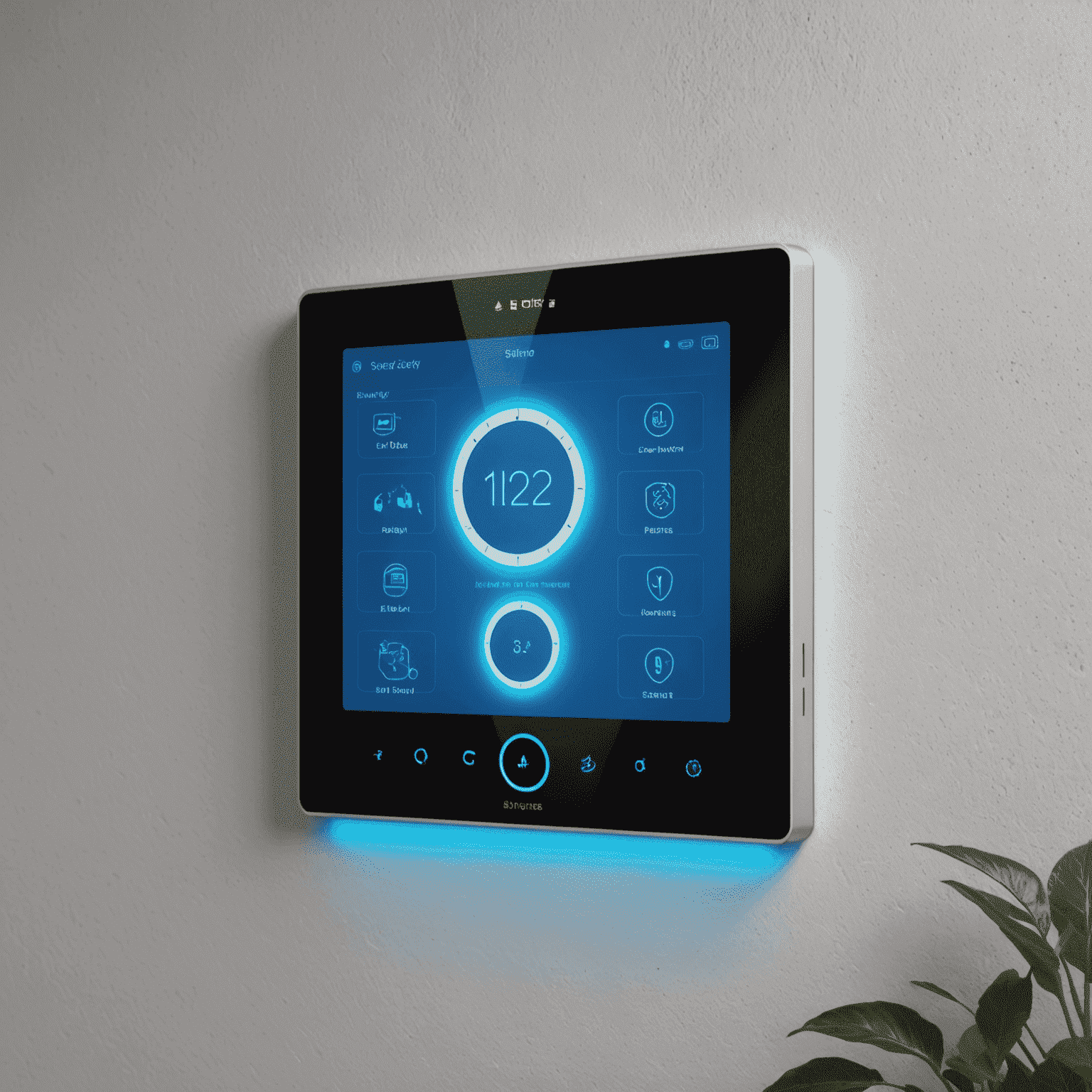 A sleek, wall-mounted smart home control panel displaying various security zones of a house. The panel shows real-time status of doors, windows, and motion sensors, with a futuristic user interface glowing in electric blue.