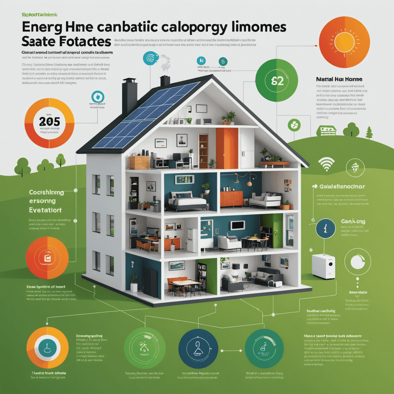 An infographic showing energy savings and reduced carbon emissions achieved by a smart home using advanced climate control systems. The image includes animated graphs, icons representing various energy-saving features, and a comparison between traditional and smart home energy usage.