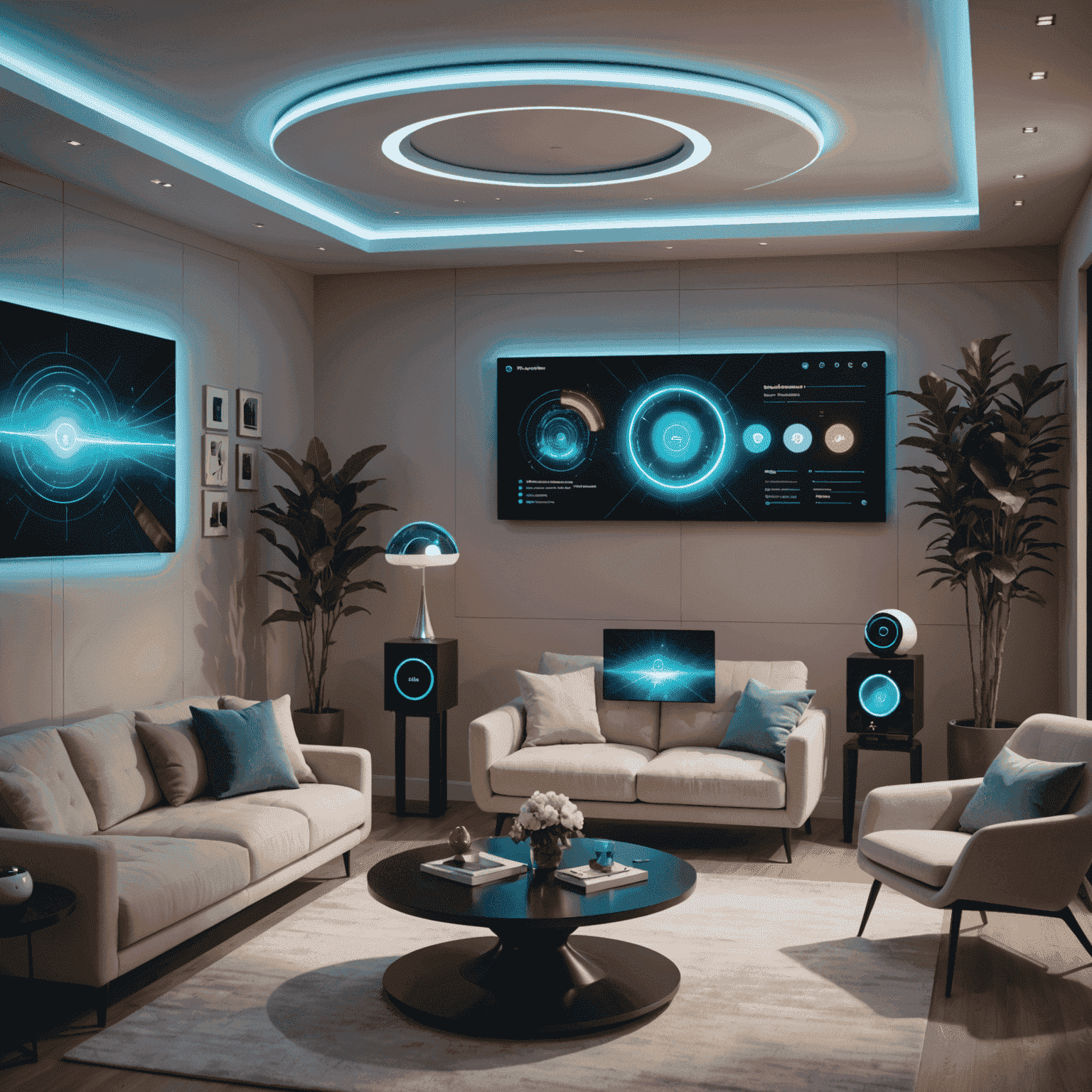 A futuristic living room with multiple voice-activated devices, showing holographic interfaces and voice command visualizations