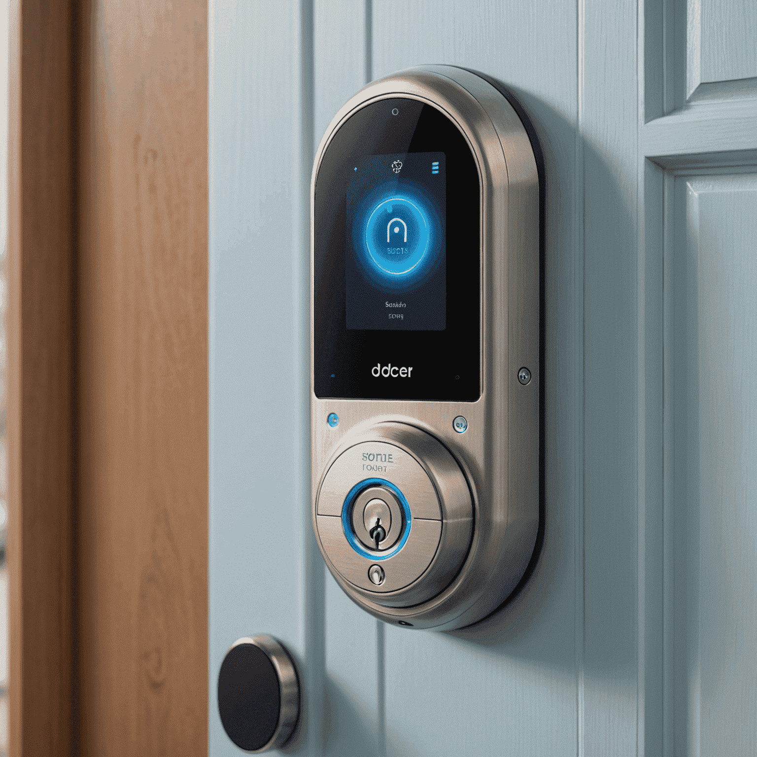 A high-tech smart lock on a modern front door, featuring a touchscreen keypad and fingerprint scanner. The lock is glowing with a soft blue light, indicating its active connection to the home's automation system.