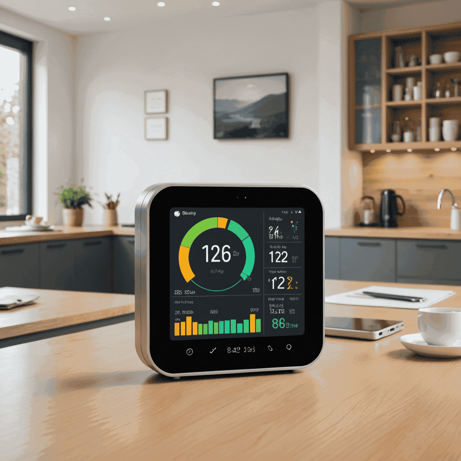 A smart energy monitoring system displaying real-time energy consumption data, with graphs and eco-friendly suggestions